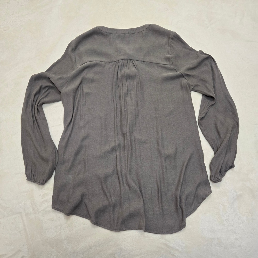 Pleione Gray Ruffle Lace Up V-Neck Blouse Long Sleeve High Low Top Large Peasant - Picture 8 of 12